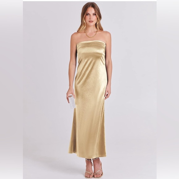 NWT Champagne Satin Strapless Tube Open Back Bodycon Cocktail Maxi Dresses - Picture 9 of 16